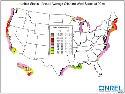 Map showing average U.S. coastal wind speeds