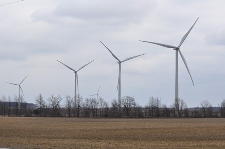 Several of the 100 turbines located on the Headwaters Wind Farm in southeast Indiana.