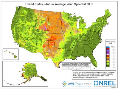 Map showing average annual wind speeds across the U.S.